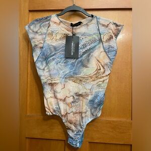 NEW Pretty Little Thing Multi Mesh Abstract Print Contrast Seam Bodysuit Sz 10